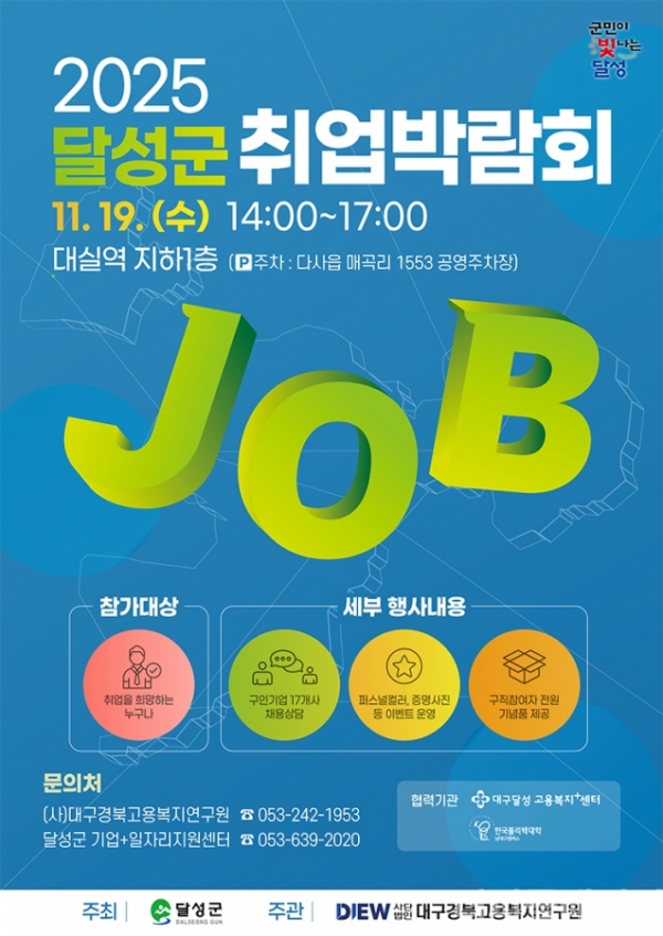 이수페타시스, 평화오일씰 등 17개 우수 기업이 209명 현장 채용에 나서는 ‘2025 달성군 제3차 취업박람회’가 11월 19일 오후 2시 다사읍 대실역 대합실에서 열린다. @달성군